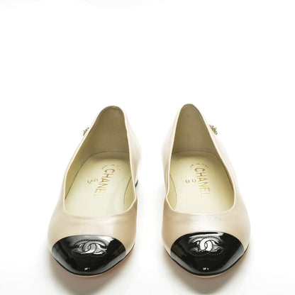 Chanel Lambskin Patent Cap Toe Ballerina Flats 35 Beige Black 4 of 9