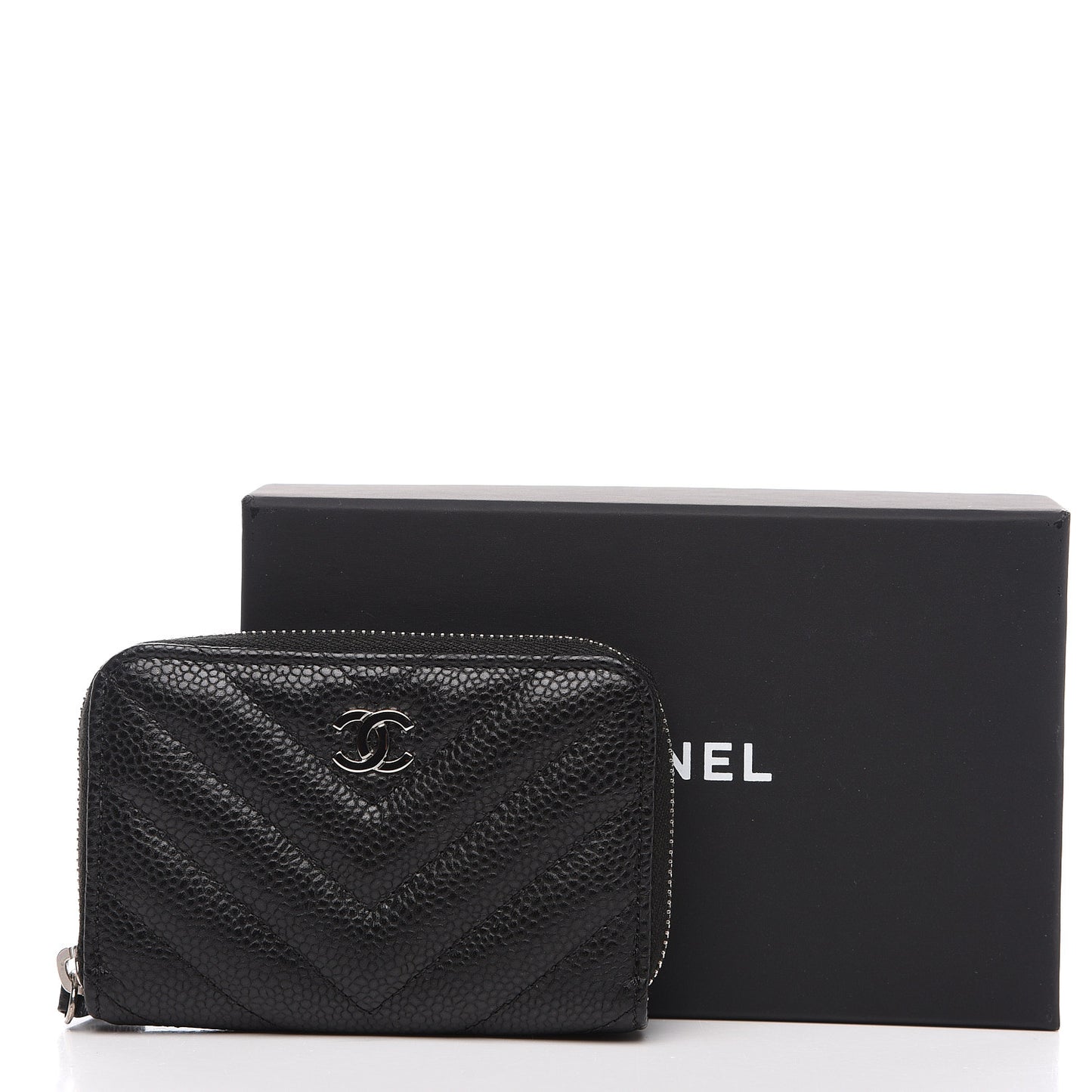 Caviar Chevron Quilted Zip Coin Purse Black