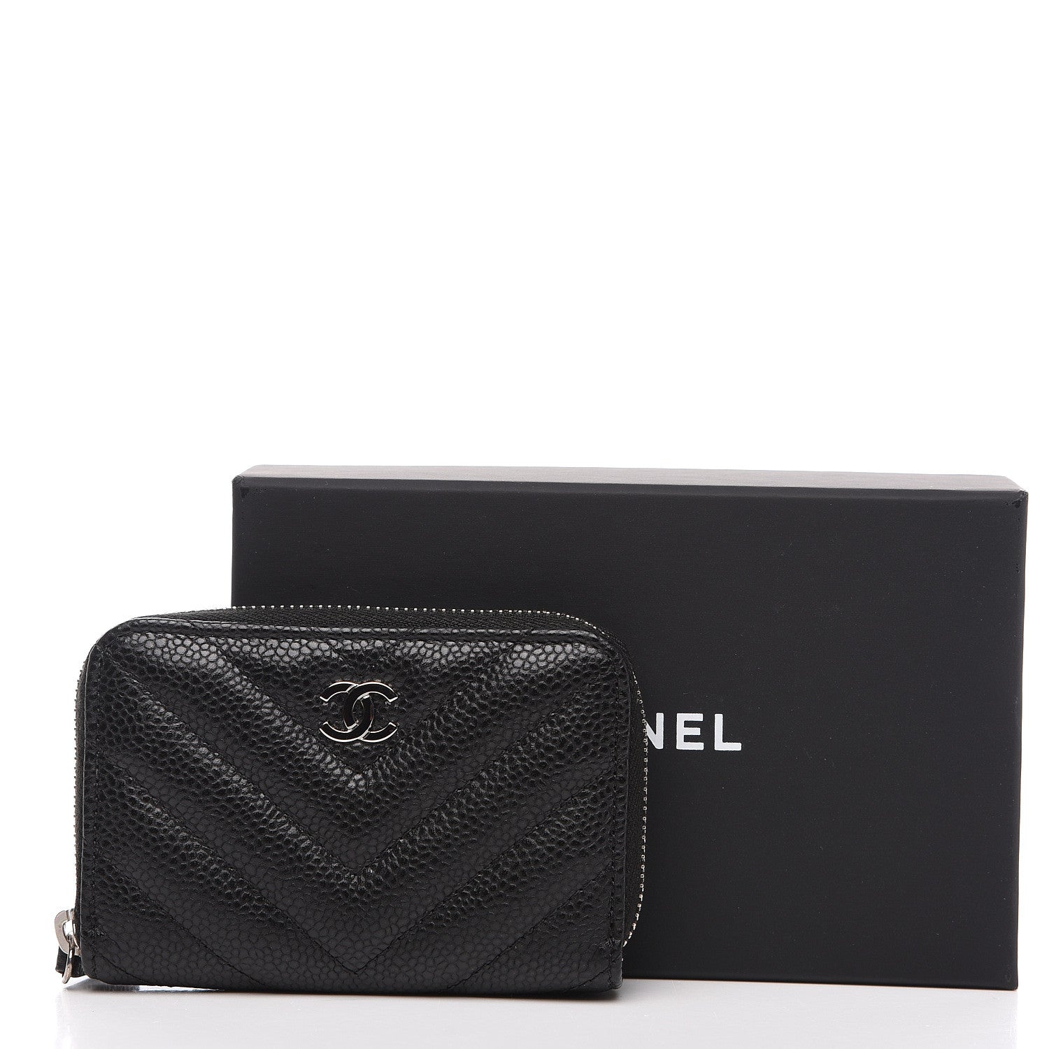 Chanel Caviar Chevron Quilted Zip Coin Purse Black 7 of 7