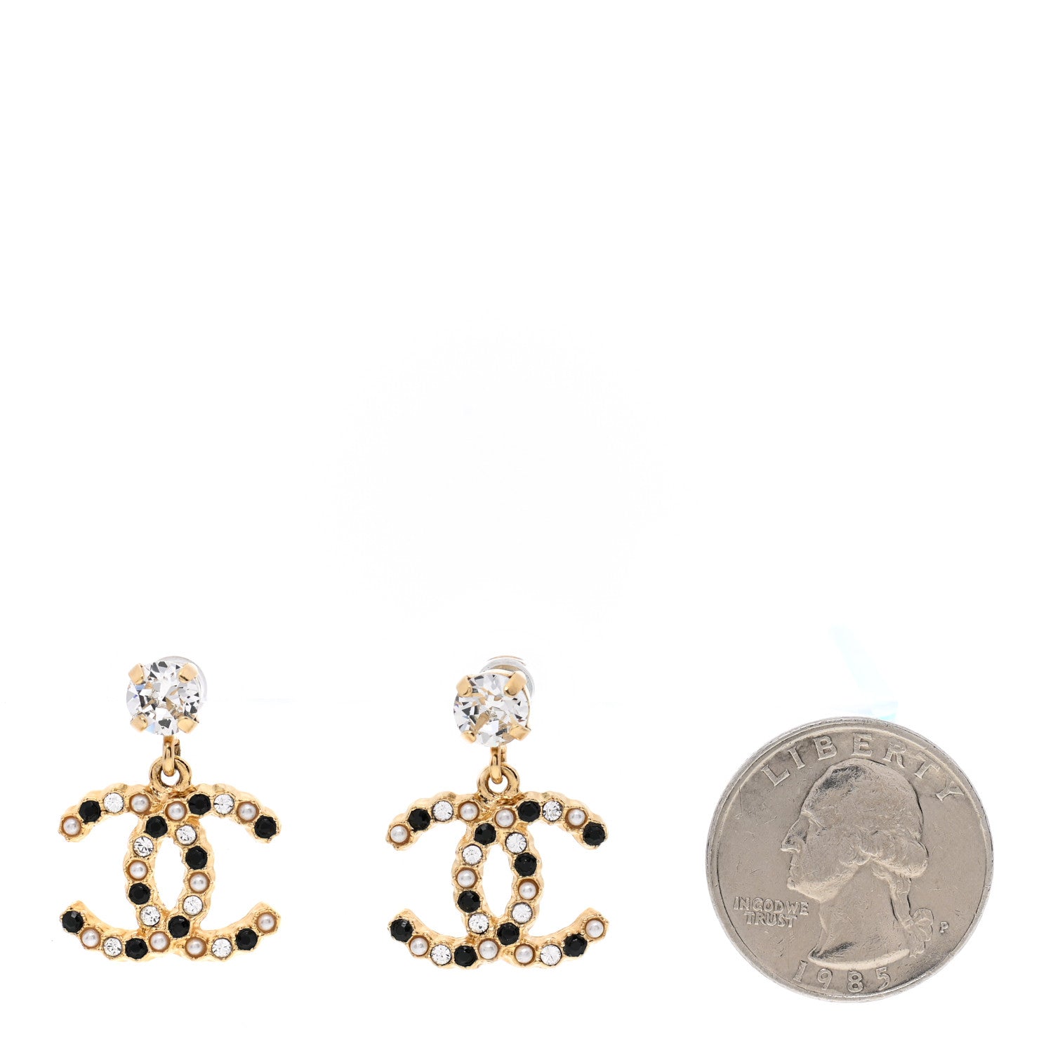 Chanel Resin Crystal Pearl CC Drop Earrings Gold Black 2 of 5
