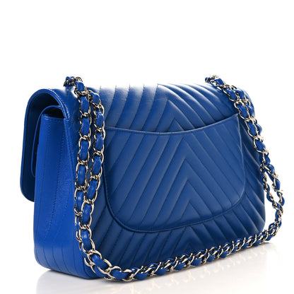Chanel Caviar Chevron Quilted Jumbo Double Flap Blue 2 of 9