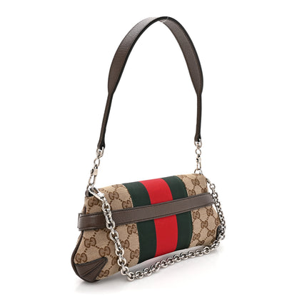 Gucci Monogram Textured Dollar Calfskin Heavy Grosgrain Web Small Maxi Horsebit Chain Shoulder Bag Beige Ebony New Acero 3 of 10