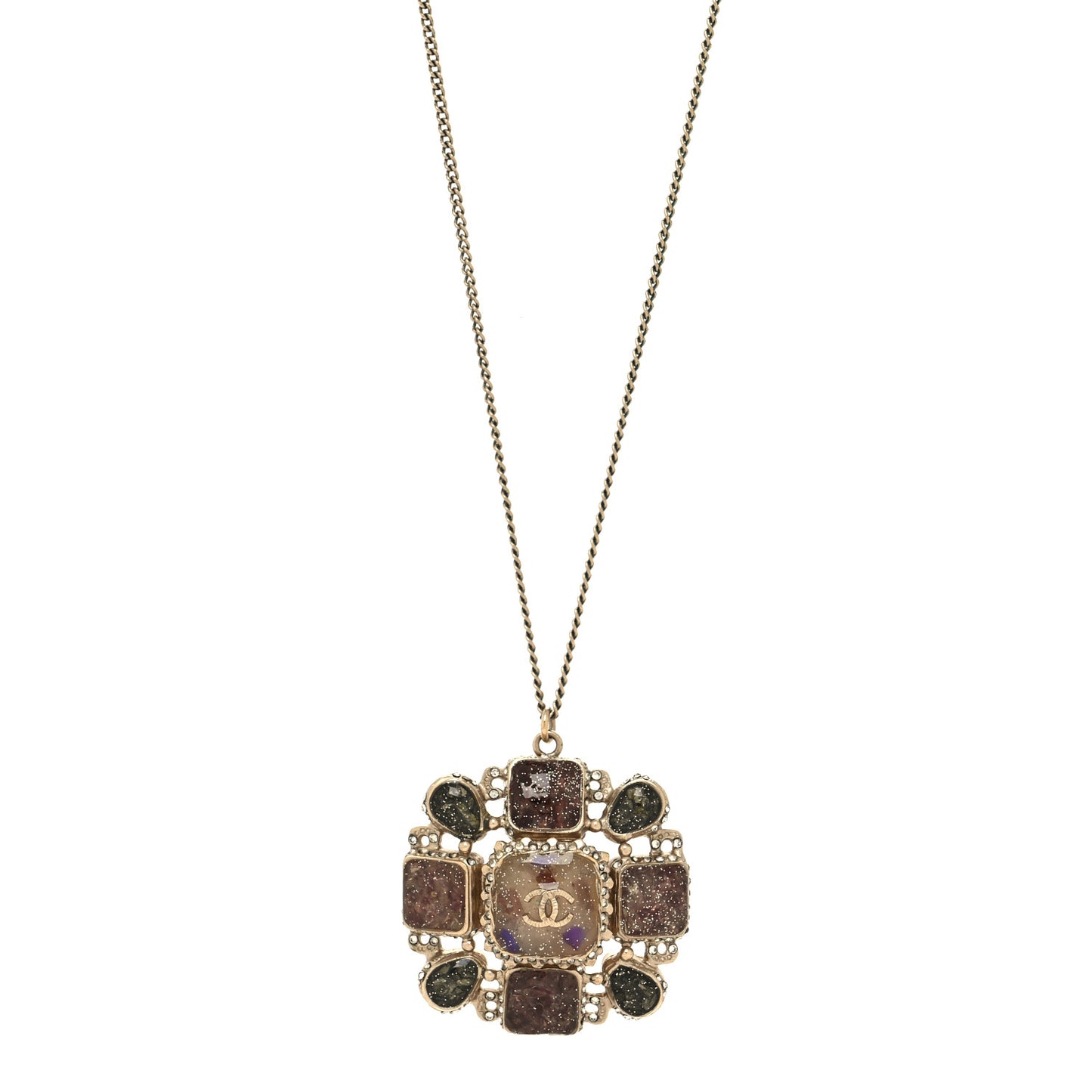 Gripoix Glitter Crystal CC Pendant Necklace Gold Multicolor