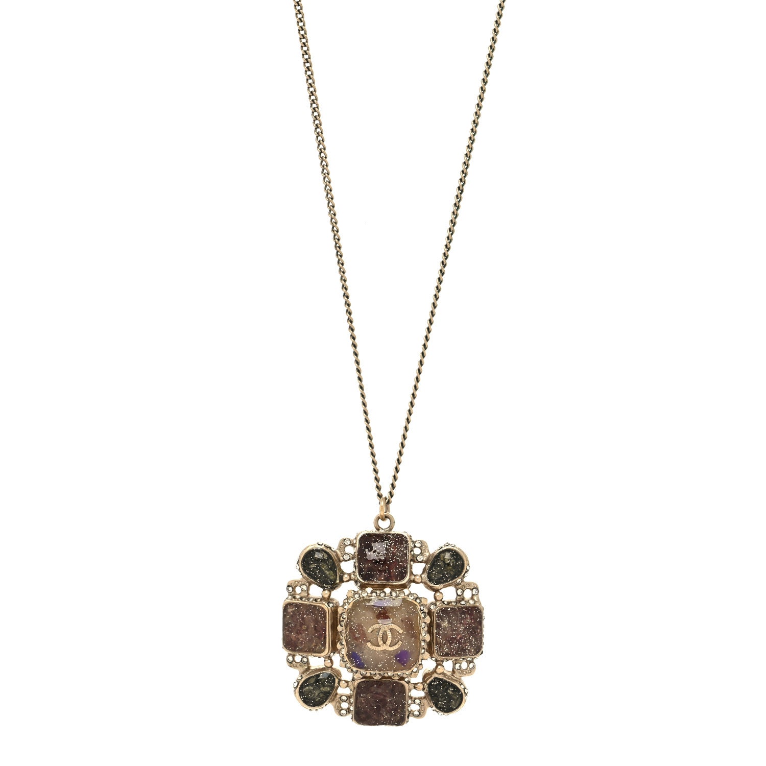 Chanel Gripoix Glitter Crystal CC Pendant Necklace Gold Multicolor 1 of 5