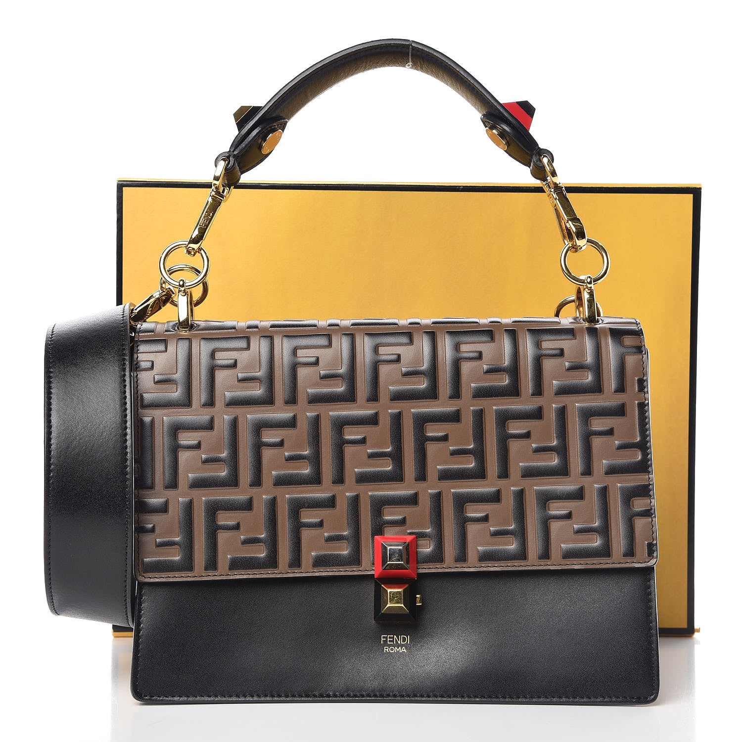 Fendi Vitello Liberty Bi-Color FF 1974 Embossed Kan I Shoulder Bag Black Maya 11 of 11