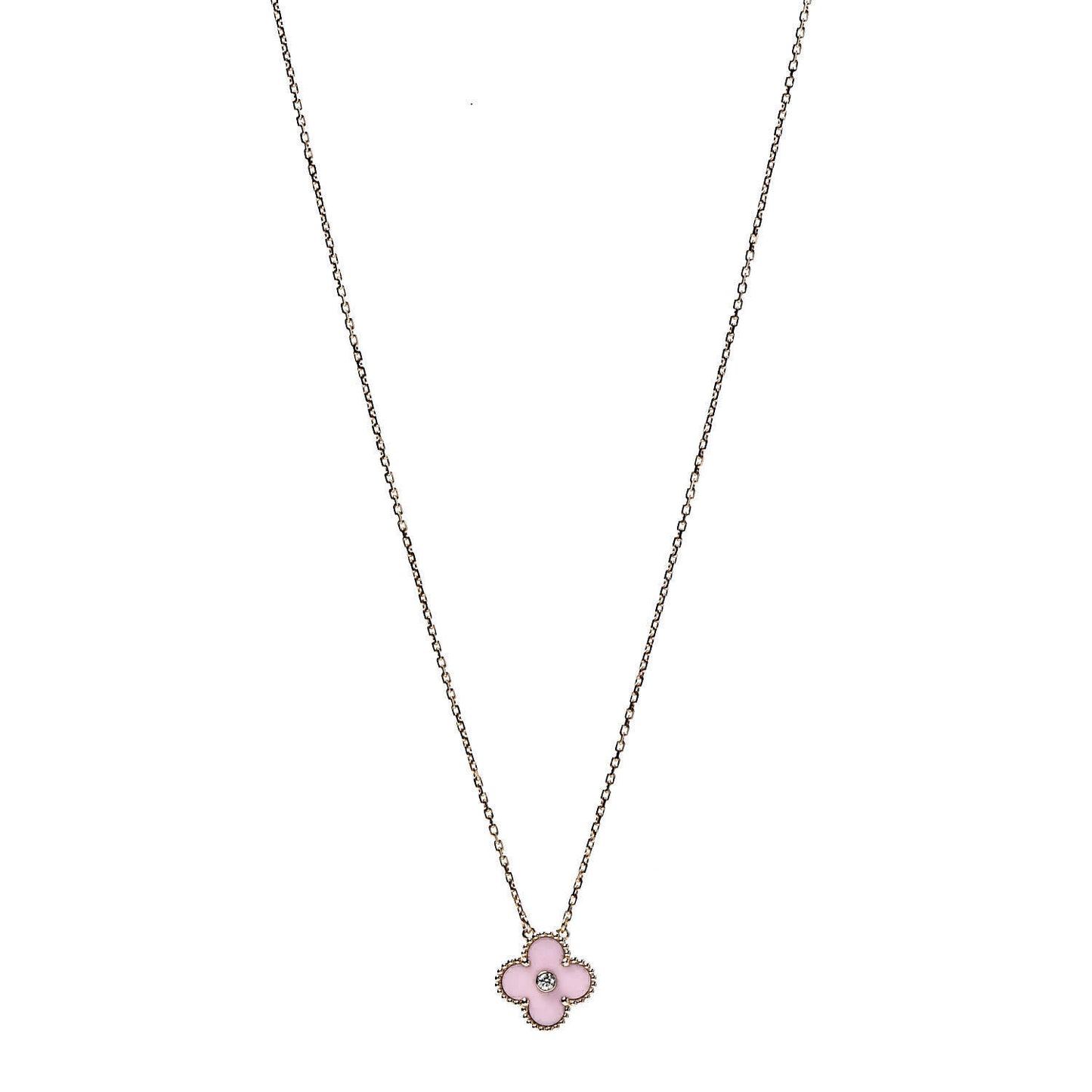 18K Rose Gold Diamond Pink Porcelain Vintage Alhambra Pendant Necklace