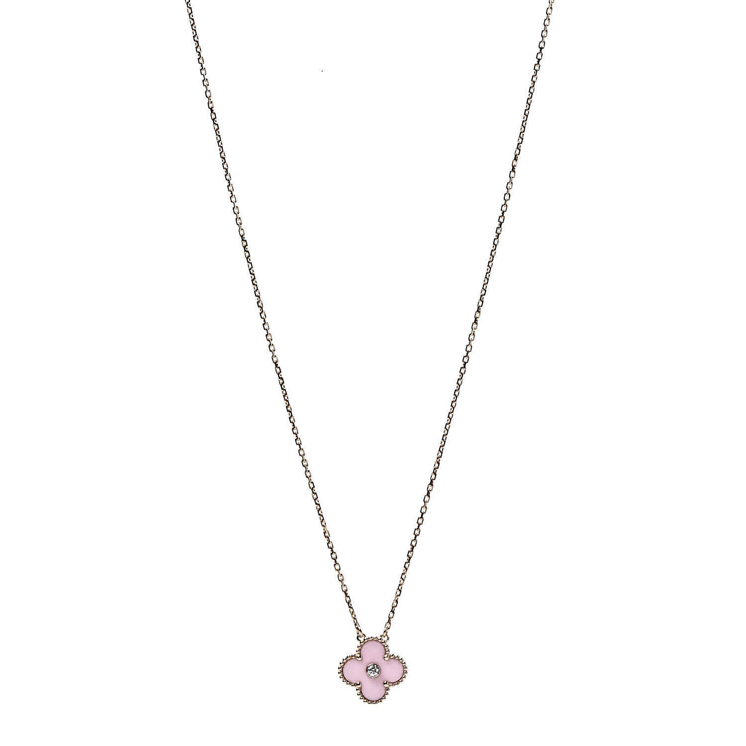 Van Cleef & Arpels 18K Rose Gold Diamond Pink Porcelain Vintage Alhambra Pendant Necklace 1 of 7