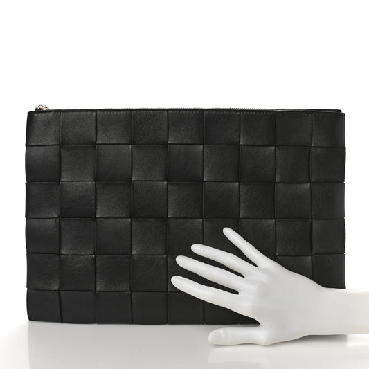 Nappa Maxi Intrecciato Large Cassette Flat Zip Pouch Black