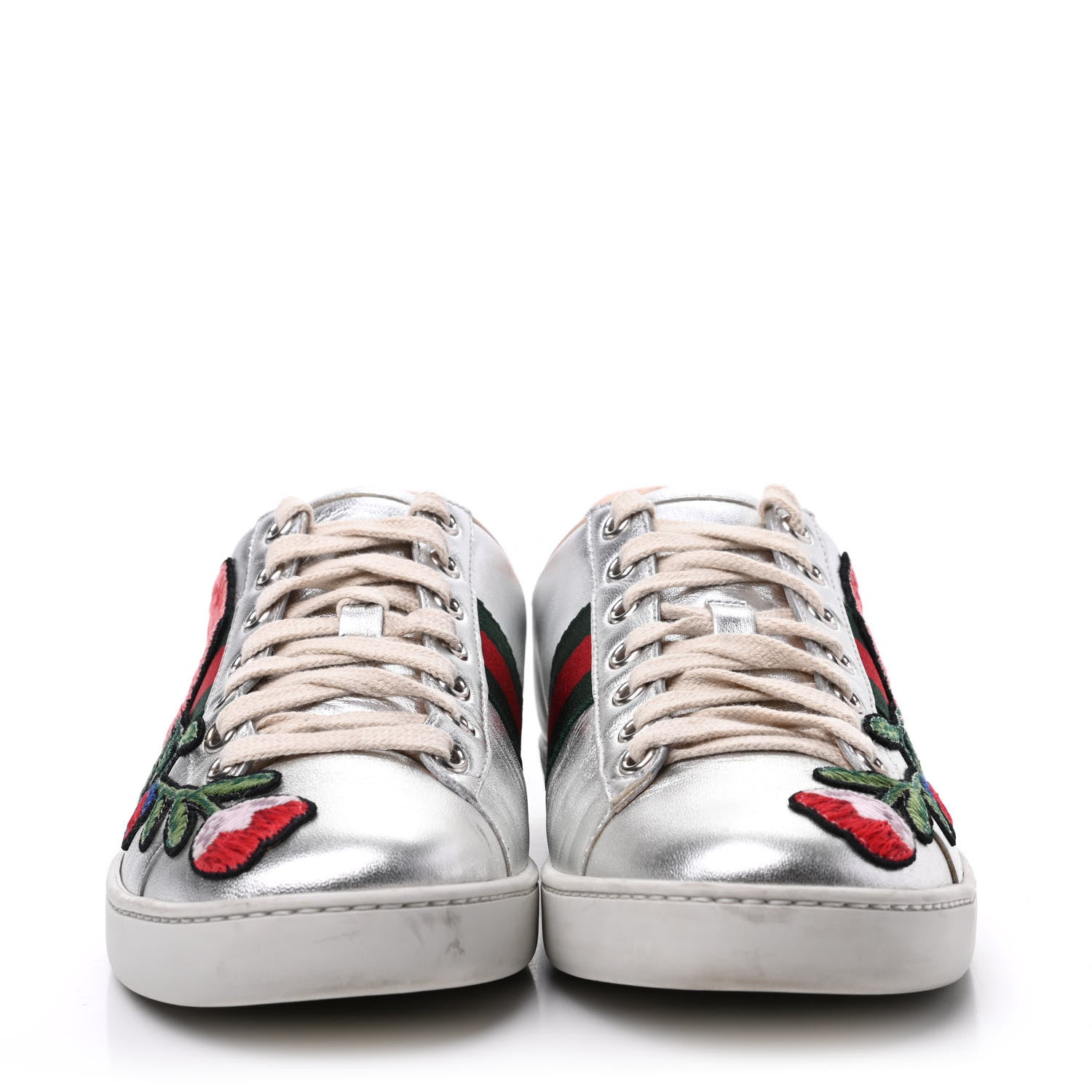Gucci Metallic Calfskin Floral Embroidered Ace Sneakers 37 Silver 2 of 19
