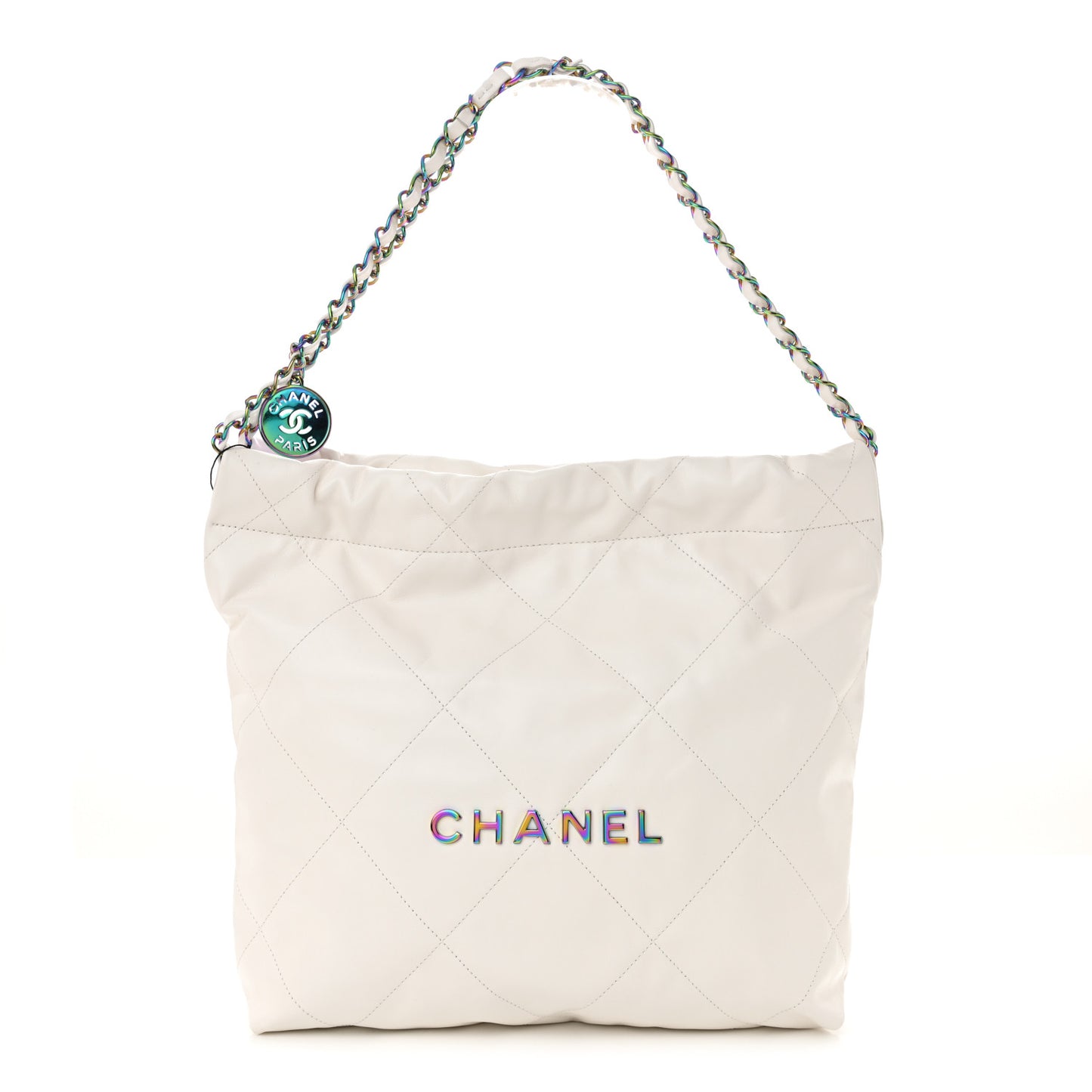 Shiny Calfskin Quilted Rainbow Small Chanel 22 White