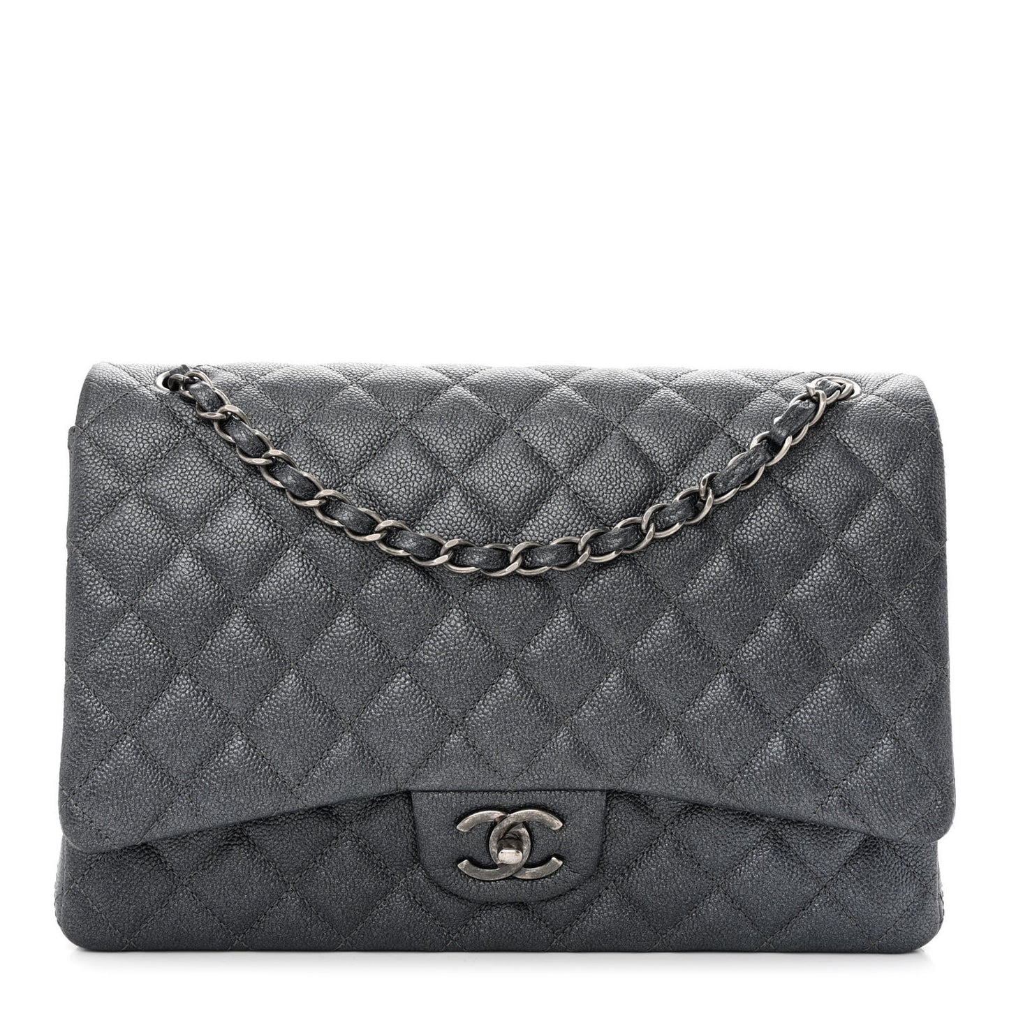 Metallic Caviar Quilted Maxi Double Flap Charcoal
