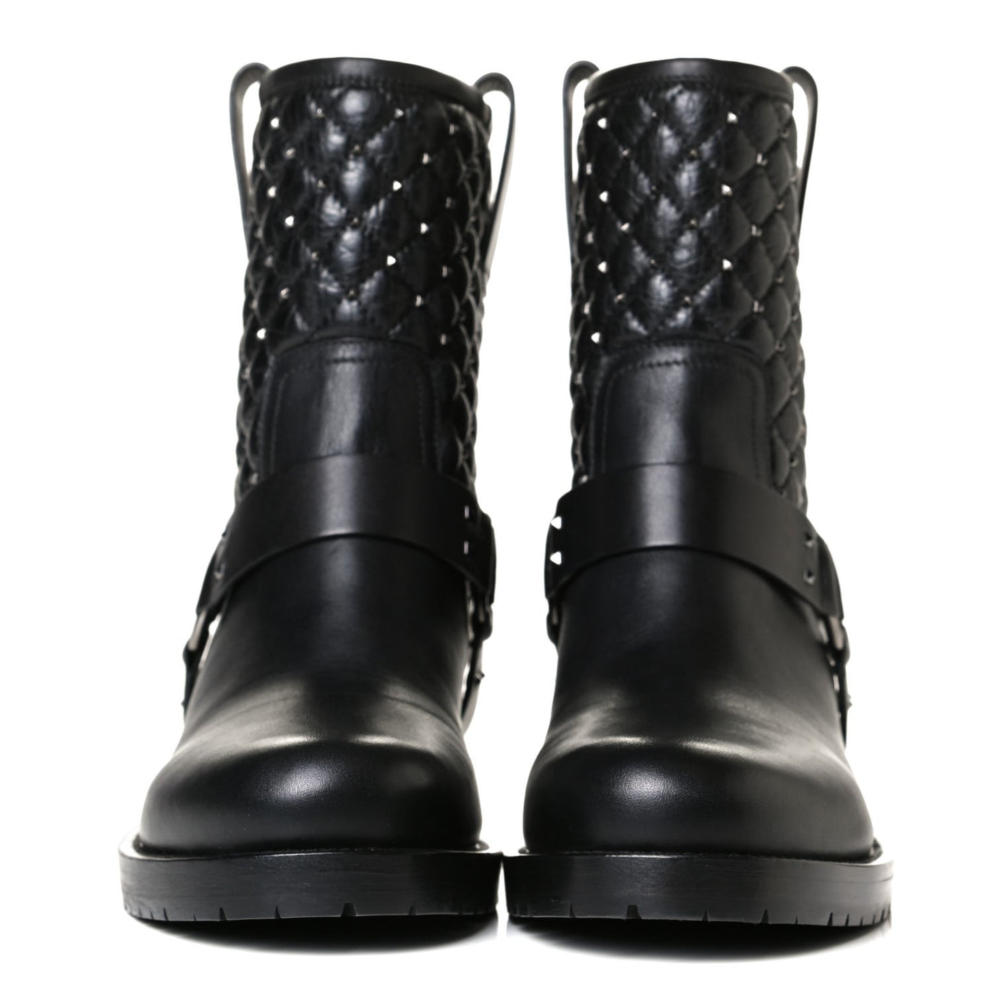 Calfskin Crackled Lambskin Rockstud Spike 20mm Biker Boots 38.5 Black