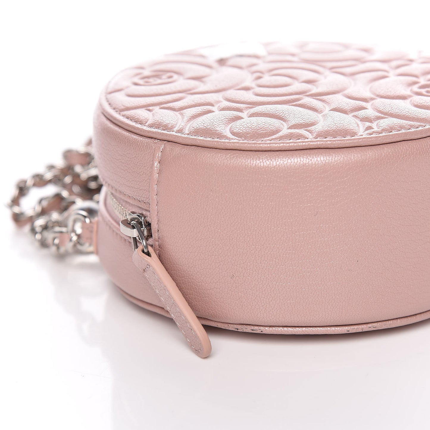 Lambskin Camellia Quilted Round Clutch With Chain Light Pink