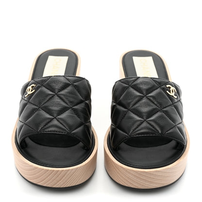 Chanel Lambskin Quilted CC Wedge Sandals 40 Black 2 of 8