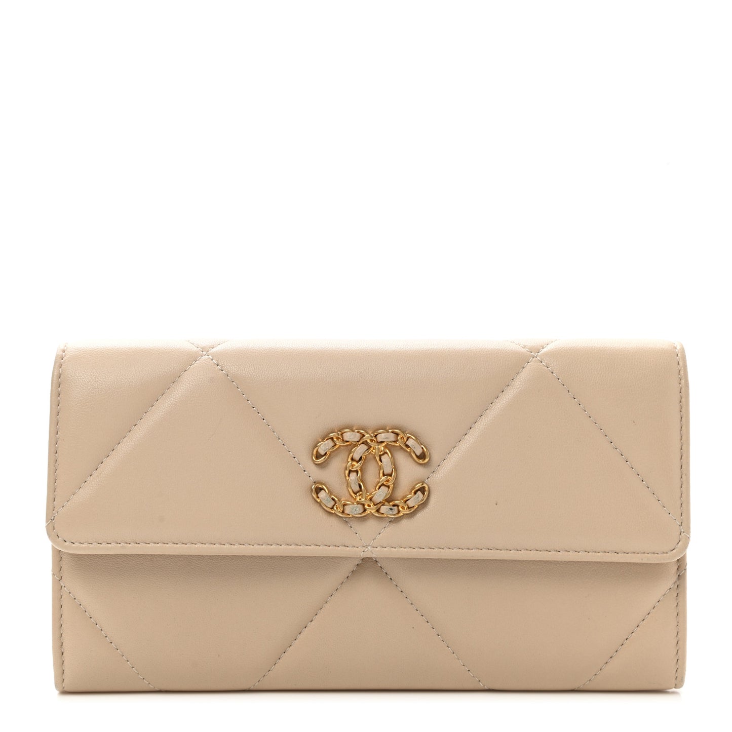 Shiny Goatskin Quilted Chanel 19 Flap Wallet Beige