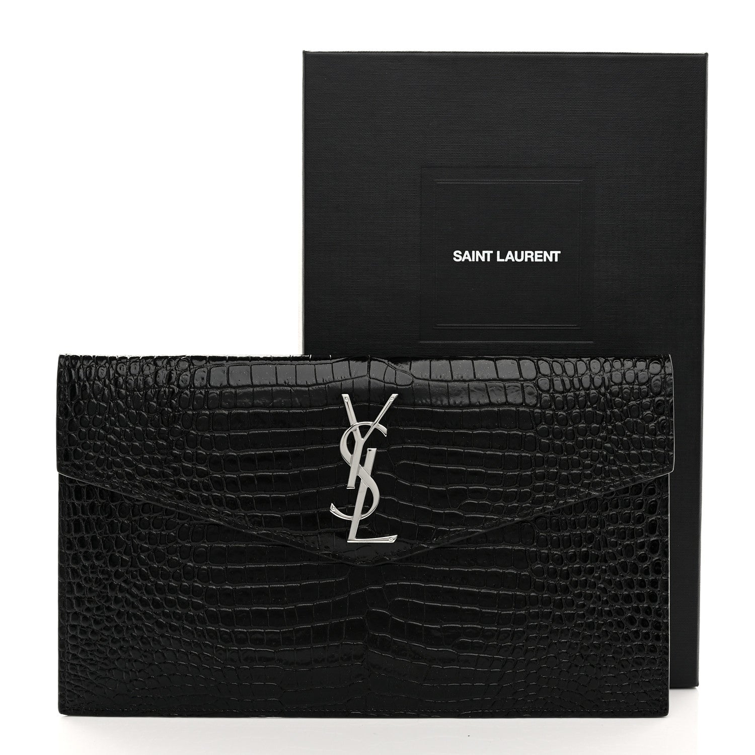 Saint Laurent Calfskin Crocodile Embossed Uptown Monogram Pouch Black 8 of 8