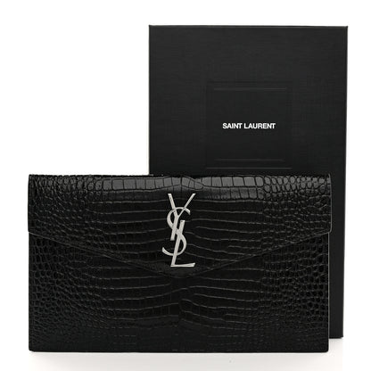 Saint Laurent Calfskin Crocodile Embossed Uptown Monogram Pouch Black 8 of 8