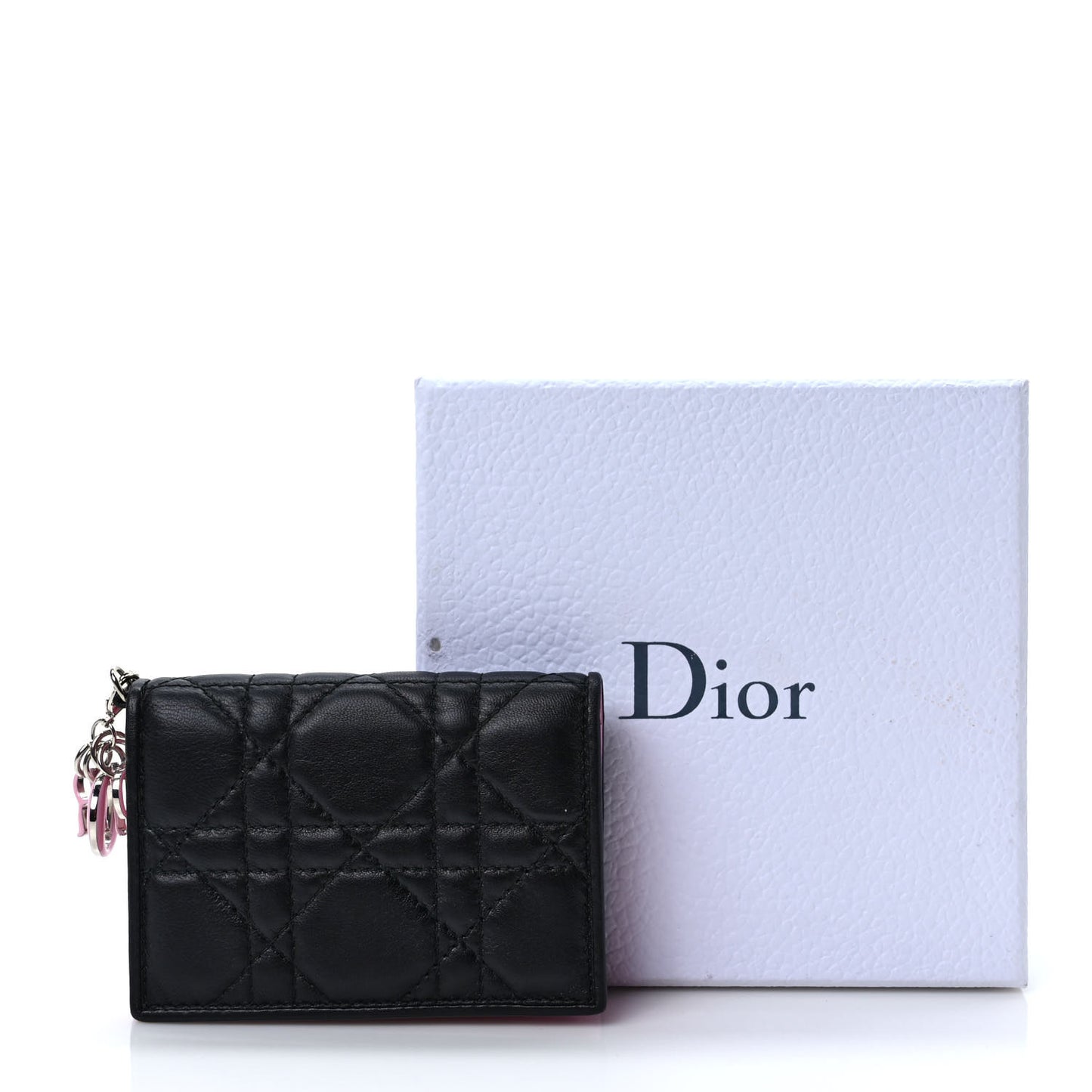 Lambskin Cannage Bi-color Small Lady Dior Flap Card Holder Black Pink