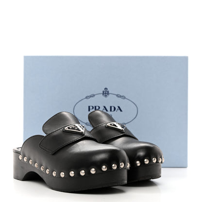 Prada Natural Calfskin Metal Triangle Logo 45mm Clogs Black 9 of 9