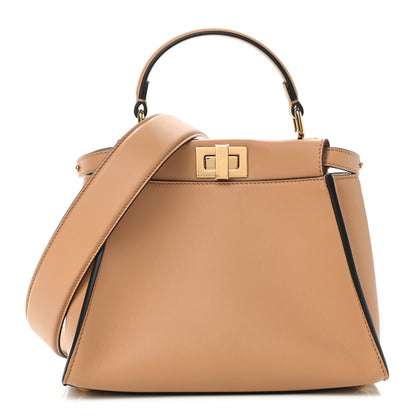 Fendi Vitello Seta Canvas FF Embroidered Mini Peekaboo Iconic Satchel Miele Scuro Poudre 1 of 9