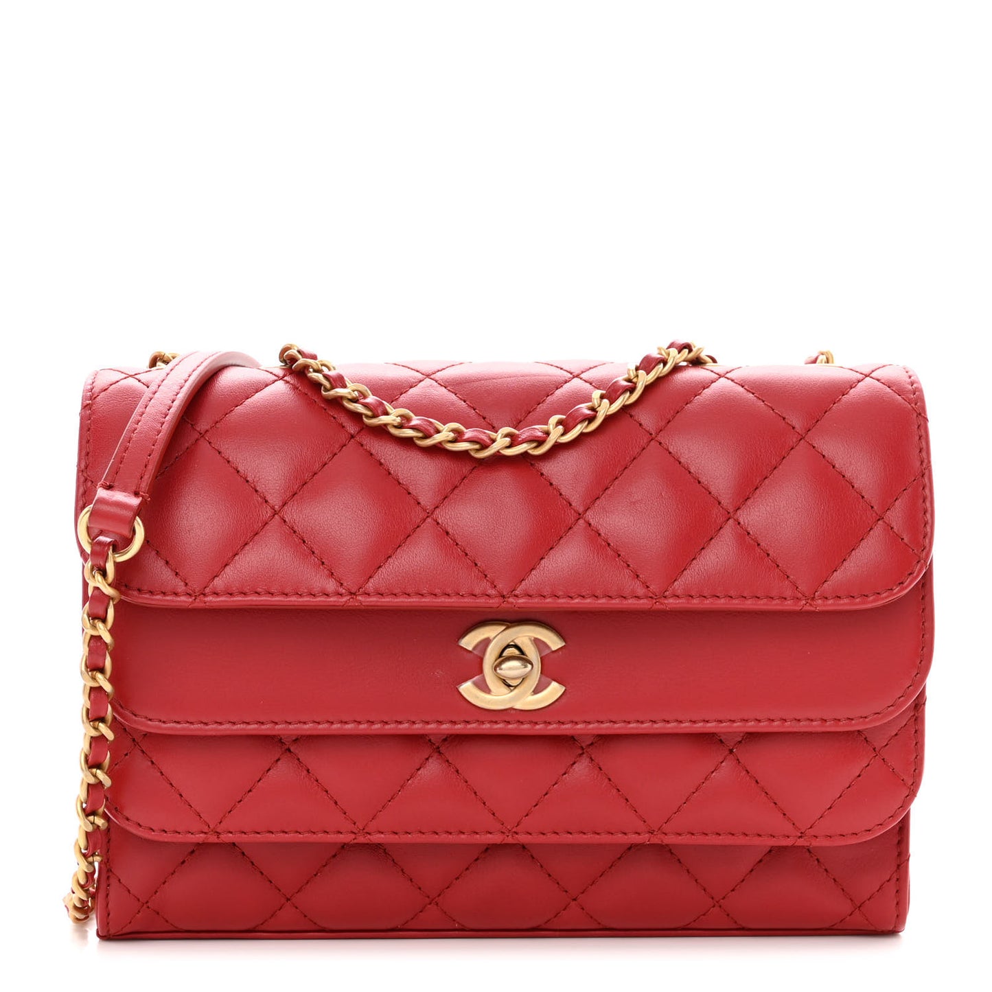 Calfskin Quilted Medium Triple Flap Red