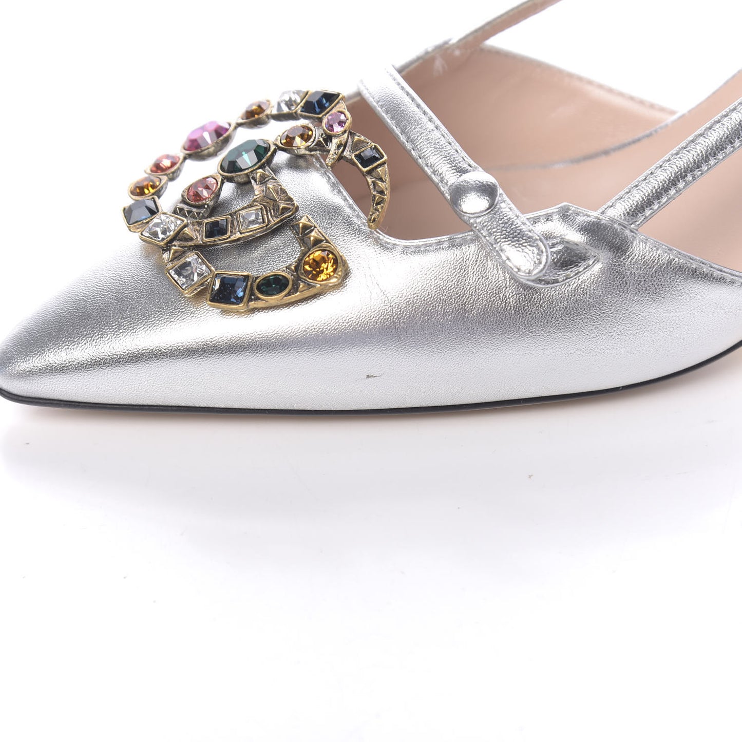 Metallic Nappa Bamboo Crystal Double G Low Heel Pumps 38 Argento