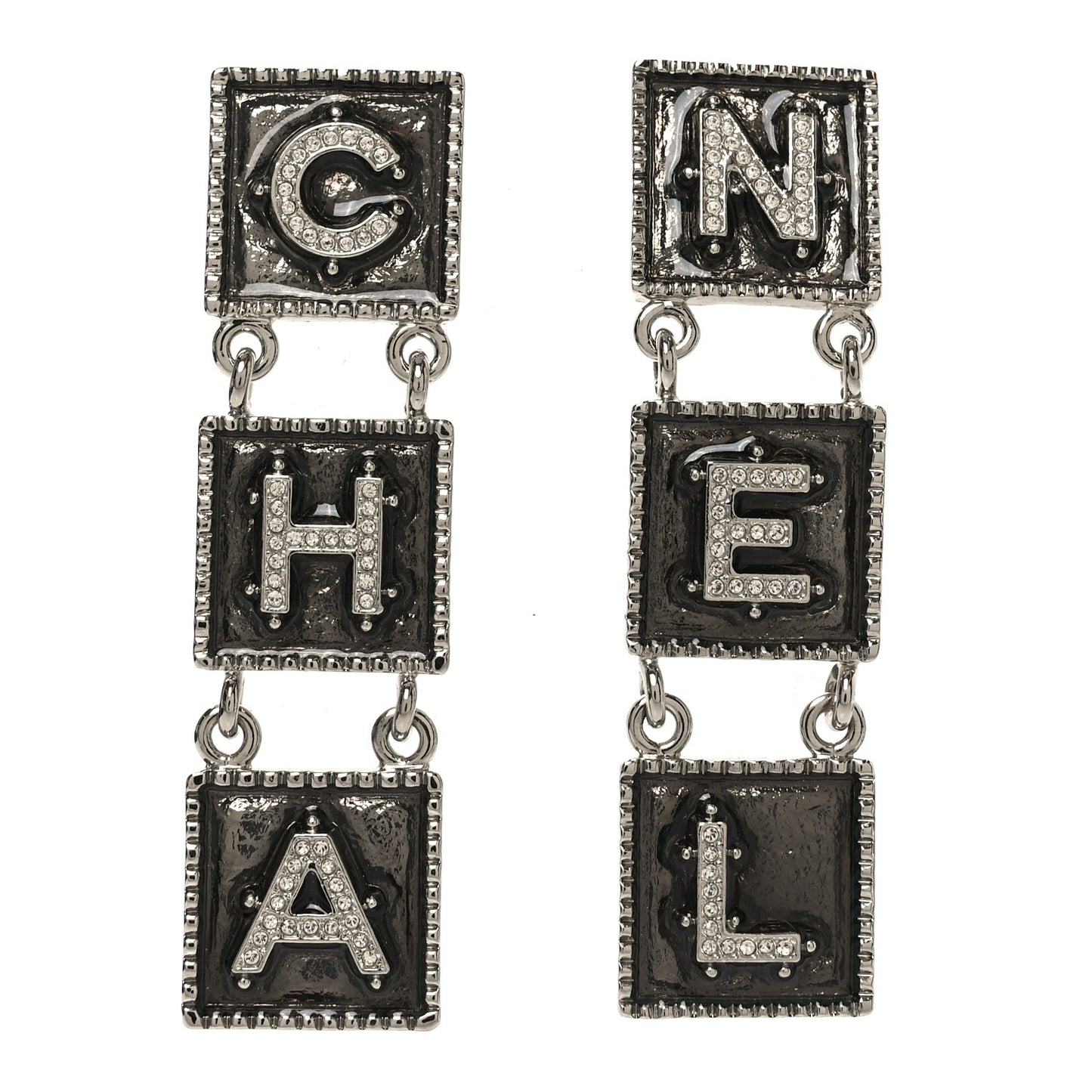 Metal Crystal Cha-Nel Logo Drop Earrings Silver