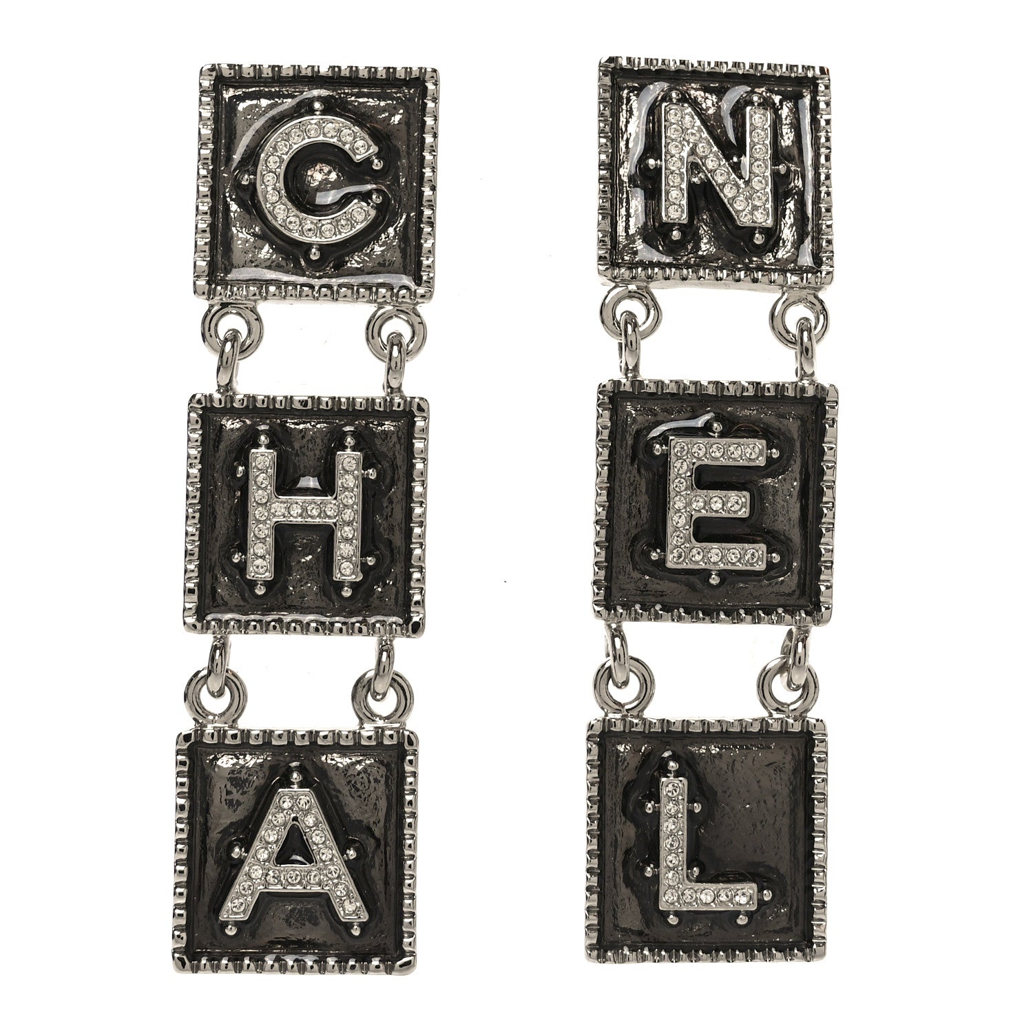 Chanel Metal Crystal Cha-Nel Logo Drop Earrings Silver 1 of 5