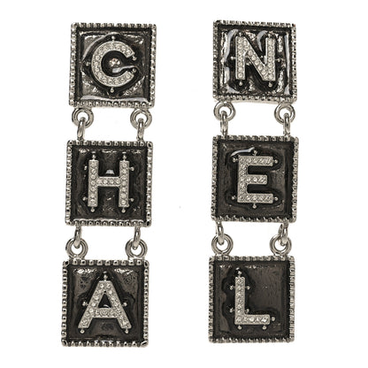 Chanel Metal Crystal Cha-Nel Logo Drop Earrings Silver 1 of 5
