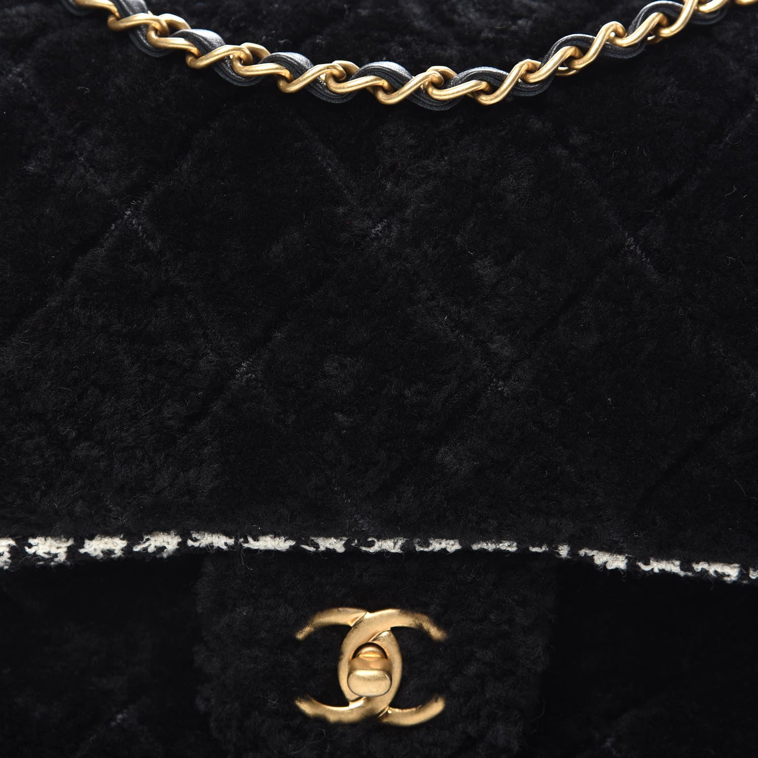 Chanel Shearling Tweed Jumbo Single Flap Black White 702776