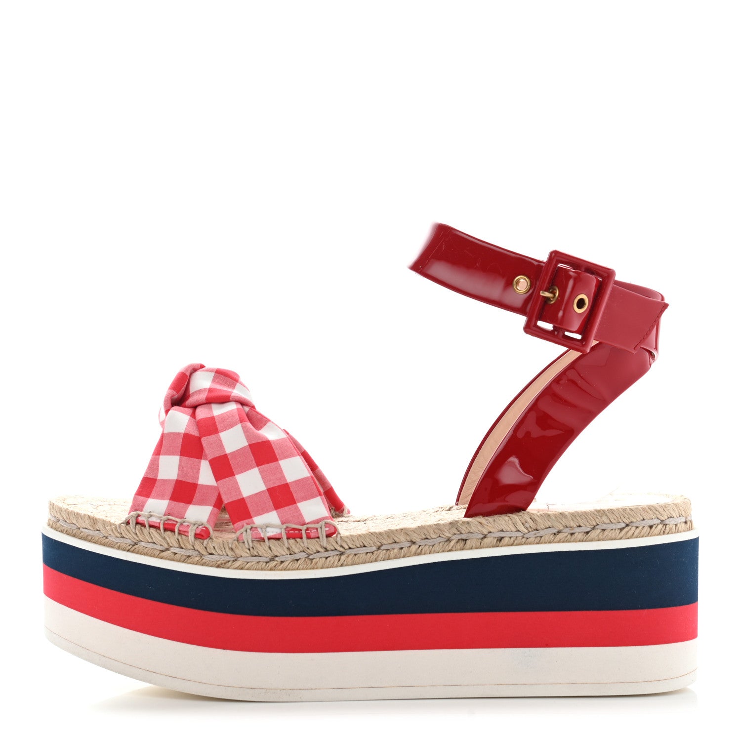 Gucci Patent Cotton Gingham Sefir Espadrille Platform Sandals 39.5 Red White 1 of 11