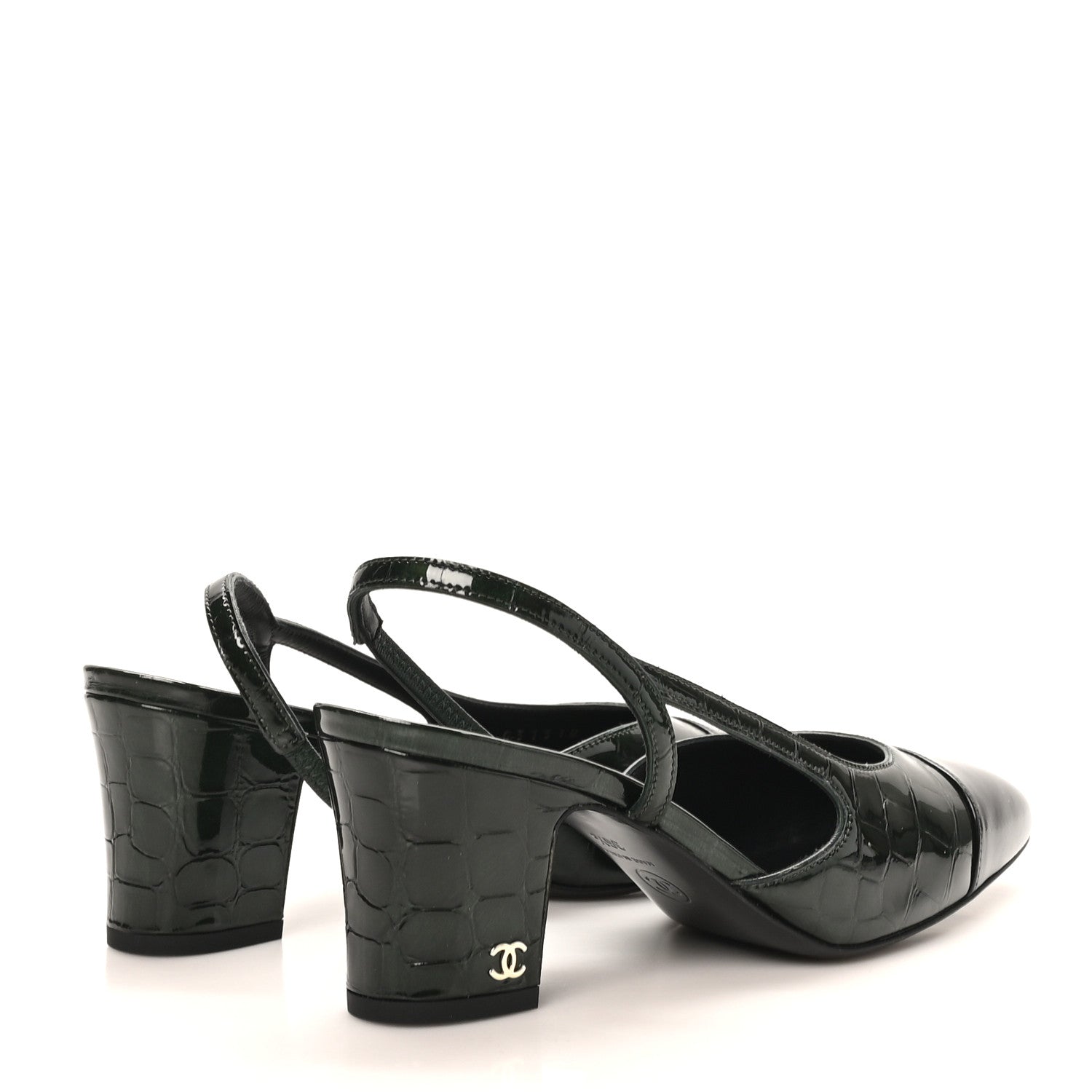 Chanel Patent Calfskin Crocodile Embossed Cap Toe CC Slingback Pumps 36.5 Dark Green Black 5 of 10