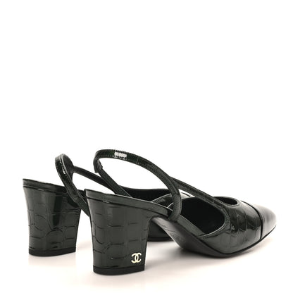 Chanel Patent Calfskin Crocodile Embossed Cap Toe CC Slingback Pumps 36.5 Dark Green Black 5 of 10