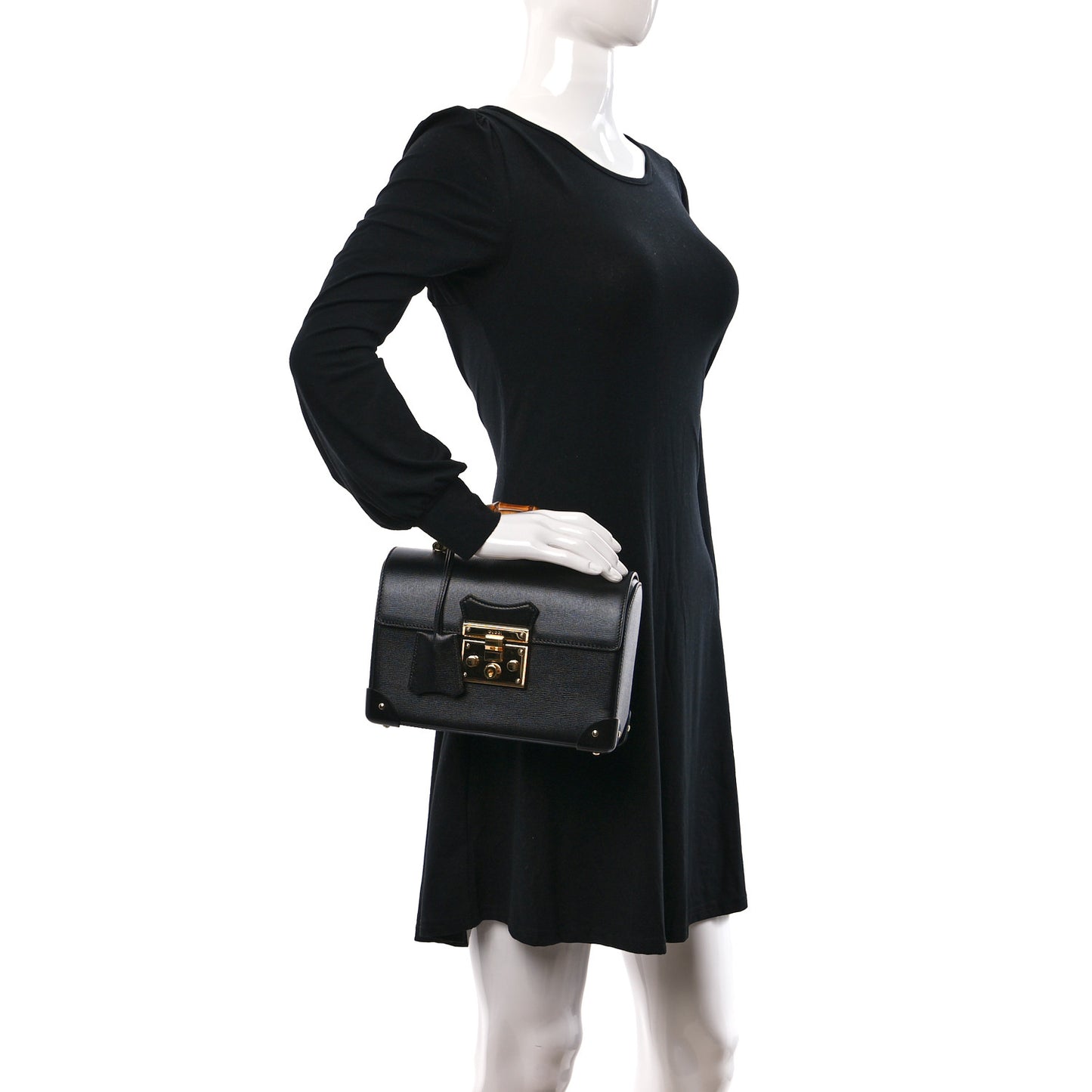 Calfskin Small Padlock Bamboo Shoulder Bag Black