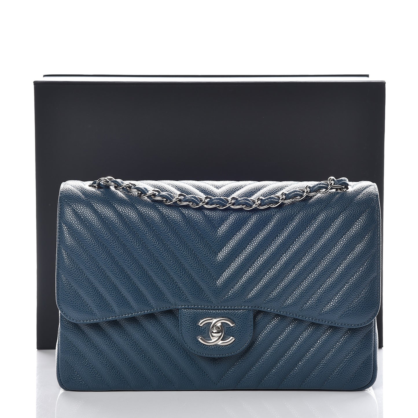 Caviar Chevron Quilted Jumbo Double Flap Blue