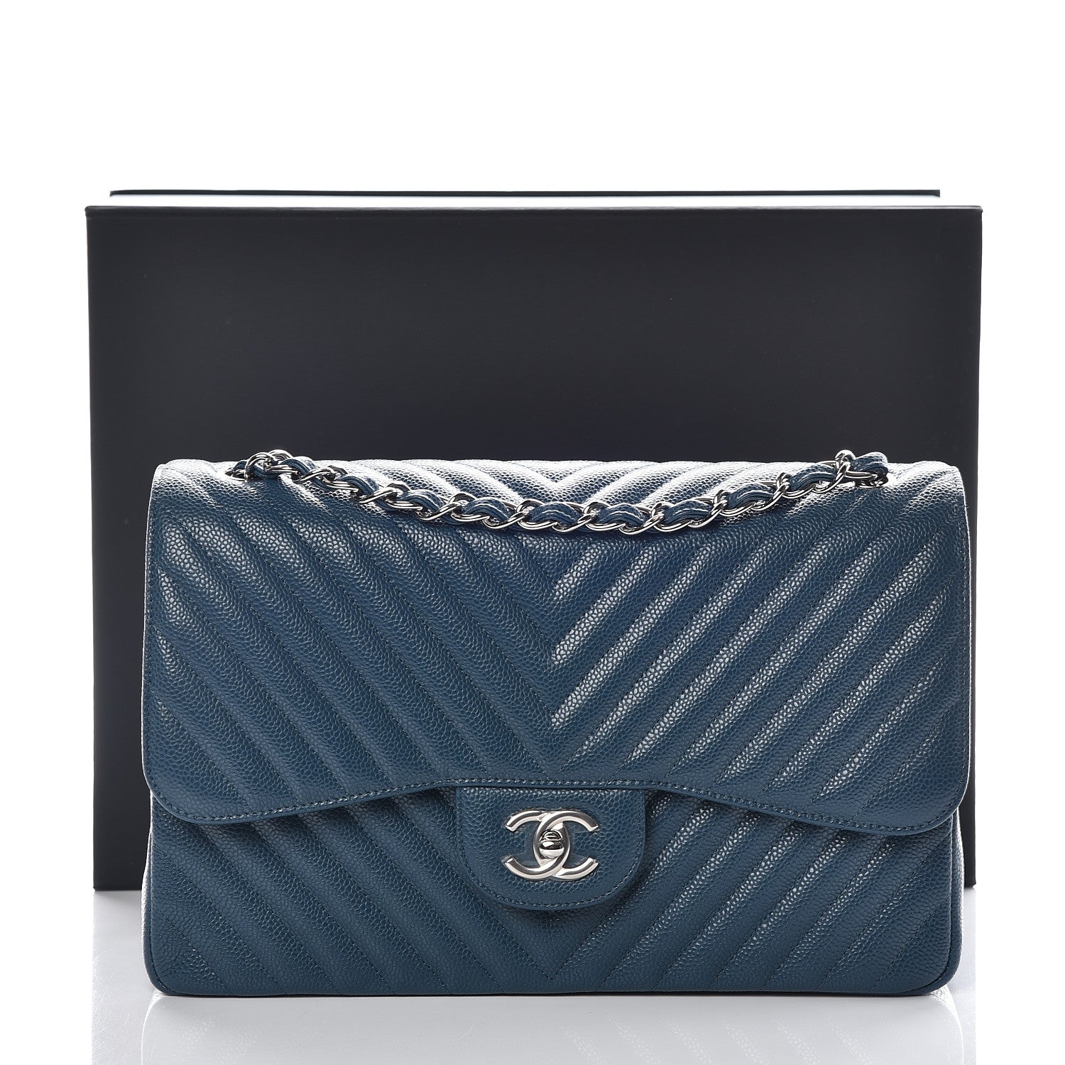 Chanel Caviar Chevron Quilted Jumbo Double Flap Blue 10 of 10
