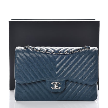 Chanel Caviar Chevron Quilted Jumbo Double Flap Blue 10 of 10