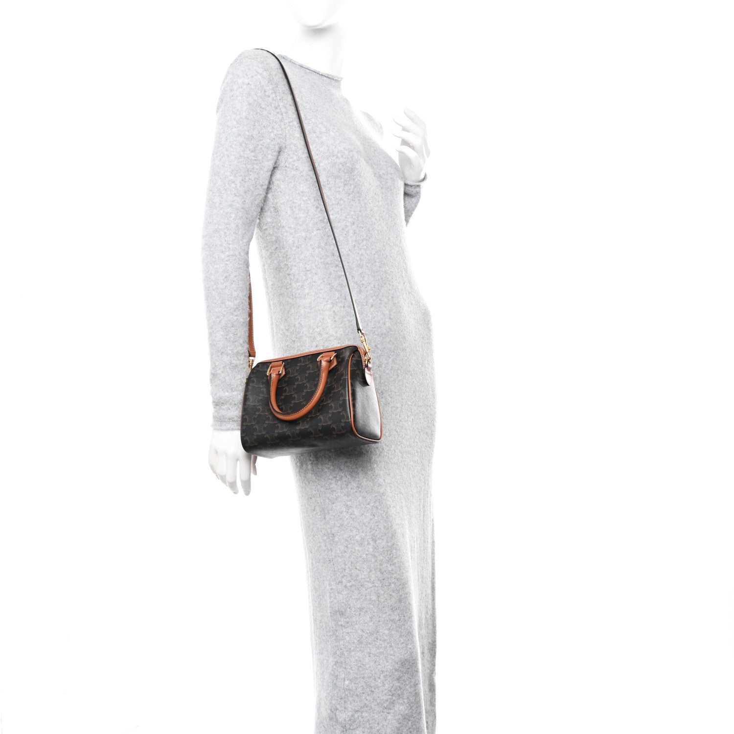 Celine Triomphe Canvas Calfskin Small Boston Bag Tan 2 of 10