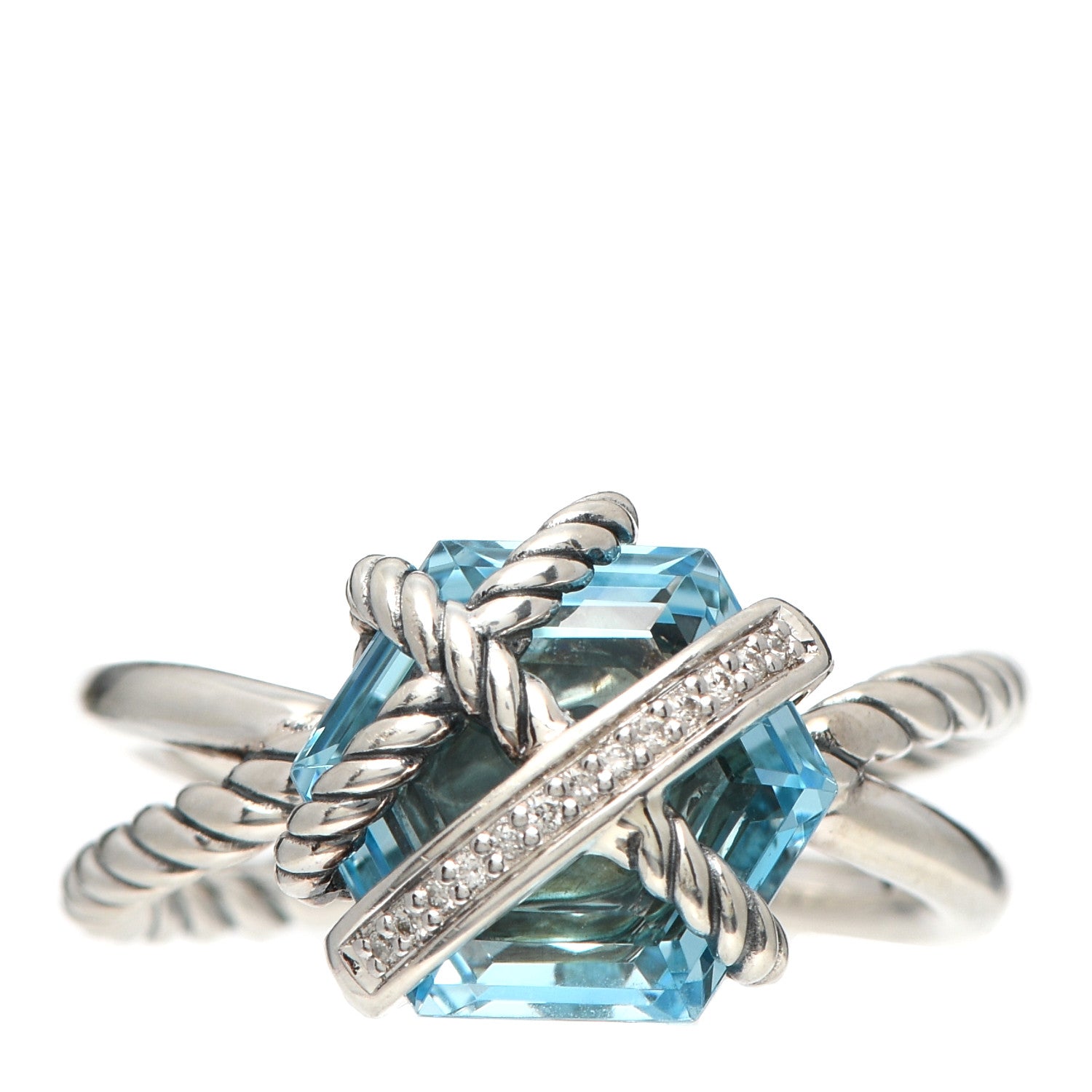David Yurman Sterling Silver Diamond Blue Topaz 10mm Cable Wrap Ring 52 6 1 of 4