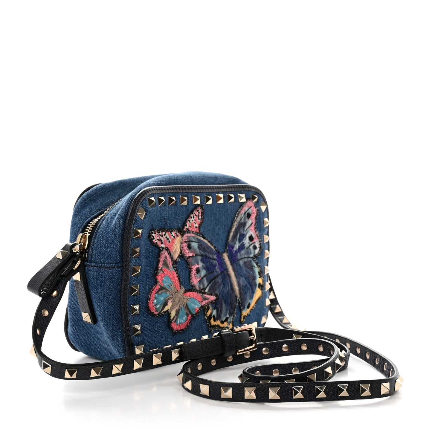 Denim Butterfly Embroidered Rockstud Camera Crossbody Bag Light Denim Multicolor