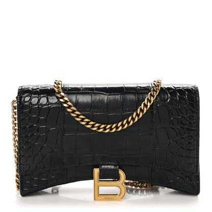 Balenciaga Shiny Calfskin Crocodile Embossed Hourglass Chain Bag Black 1 of 9