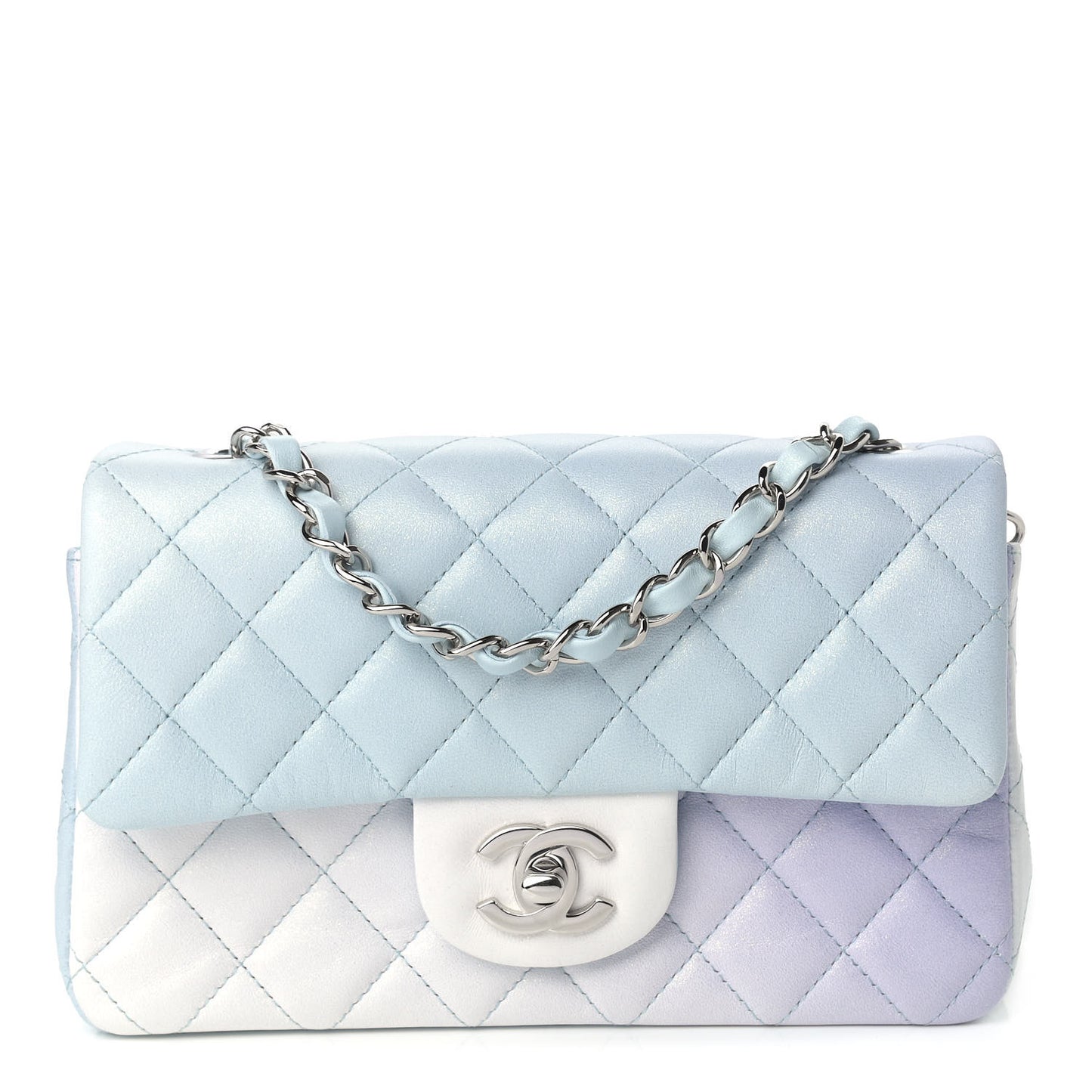 Perforated Lambskin Quilted Mini Rectangular Flap Light Blue Light Purple White