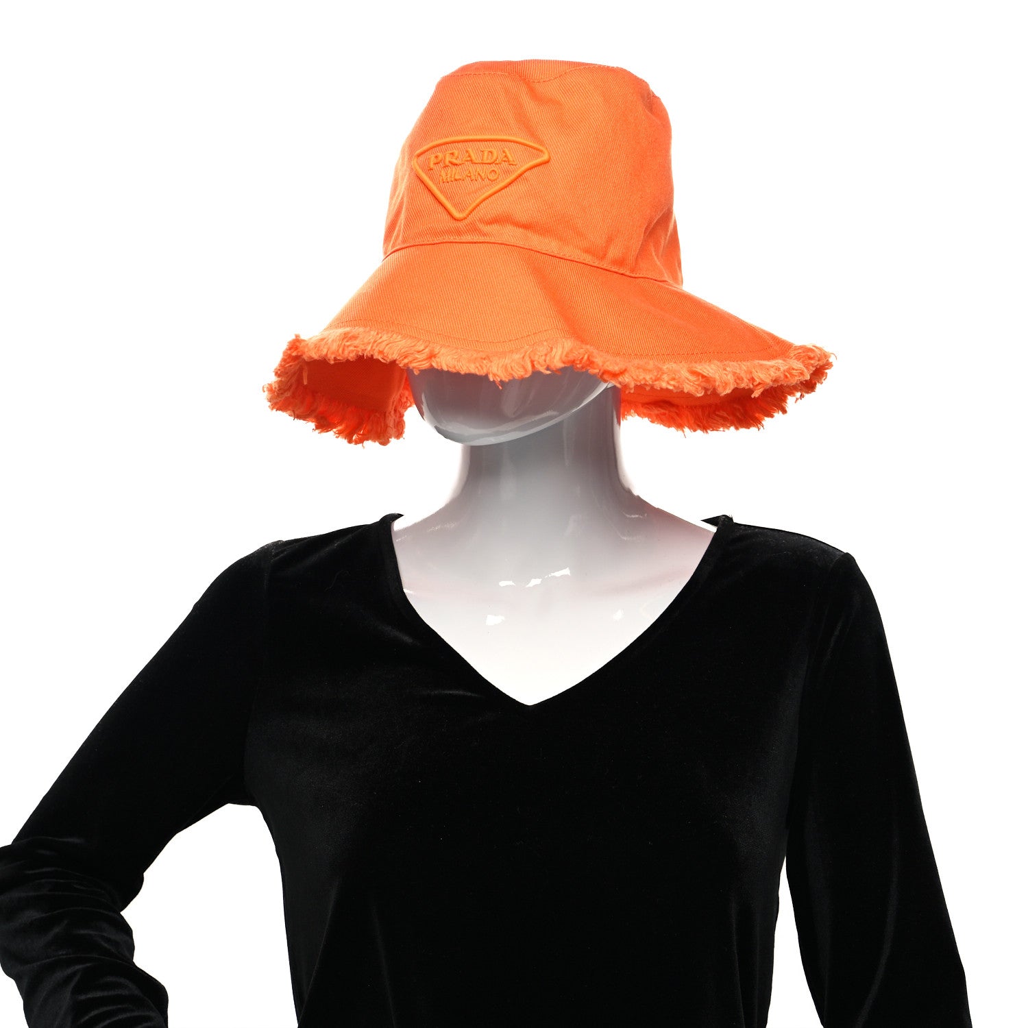 Prada Drill Nylon Triangle Logo Embroidered Womens Wide Brim Hat S Arancio 2 of 8
