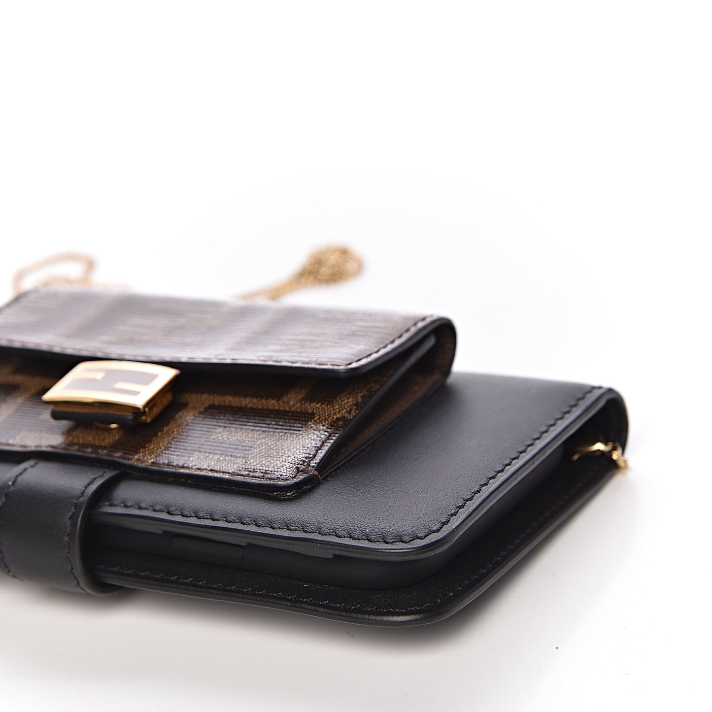 Vitello Century Glazed Fabric FF 1974 Baguette IPhone X Crossbody Black Mogano Panna