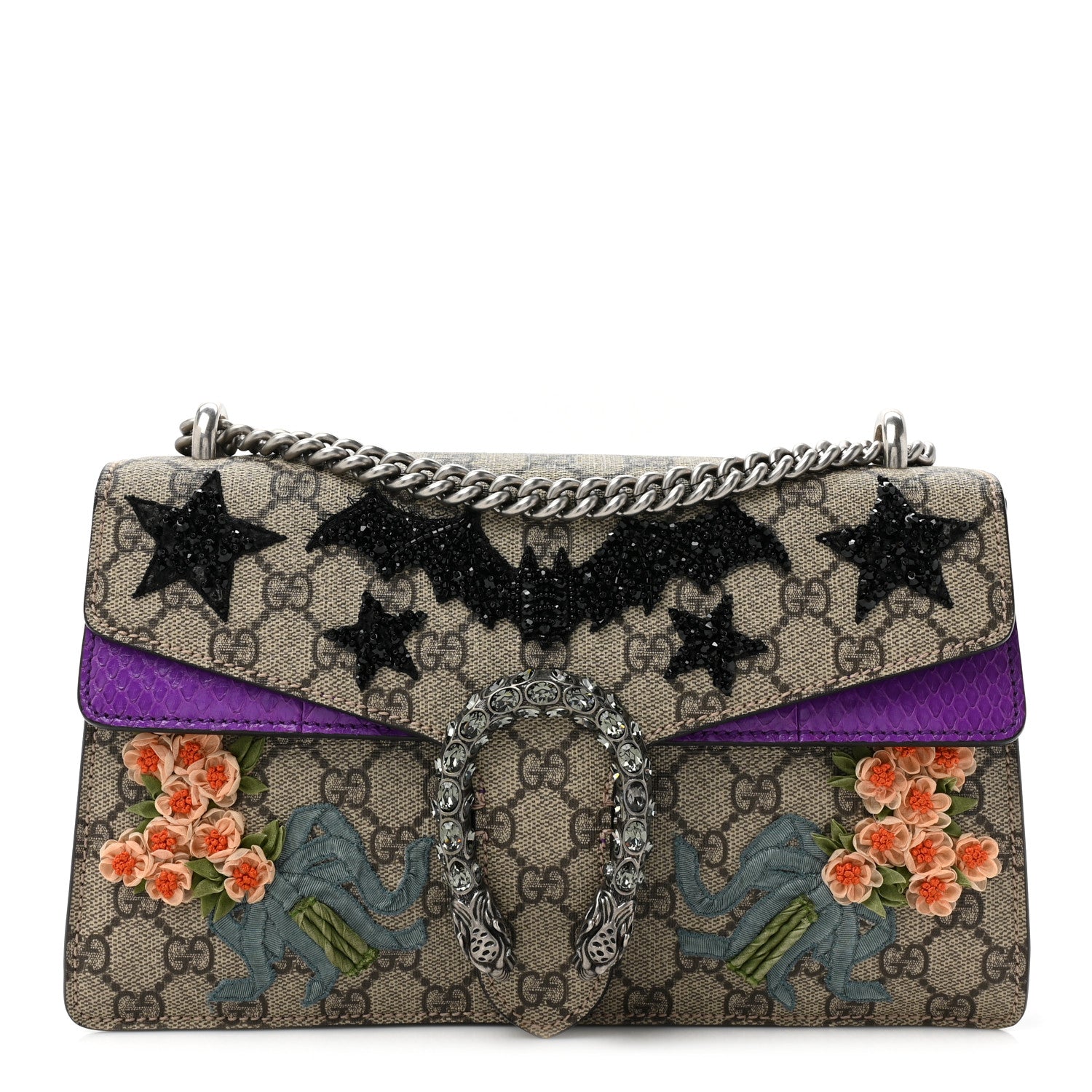 Gucci GG Supreme Monogram Snakeskin Bat Embroidered Small Dionysus Shoulder Bag Purple 1 of 14