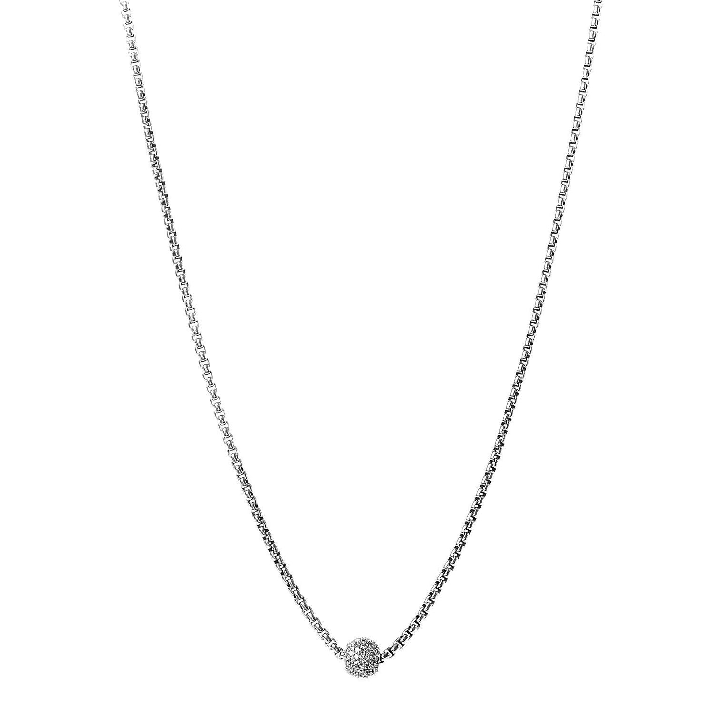 Sterling Silver 18K White Gold Diamond Pave Ball Pendant Necklace