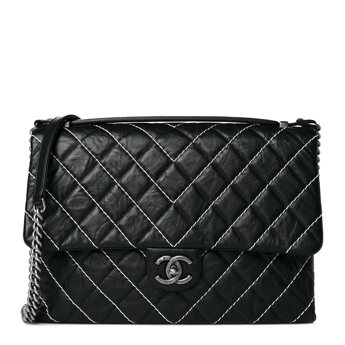 Calfskin Chevron Stitched Jumbo Single Flap Black