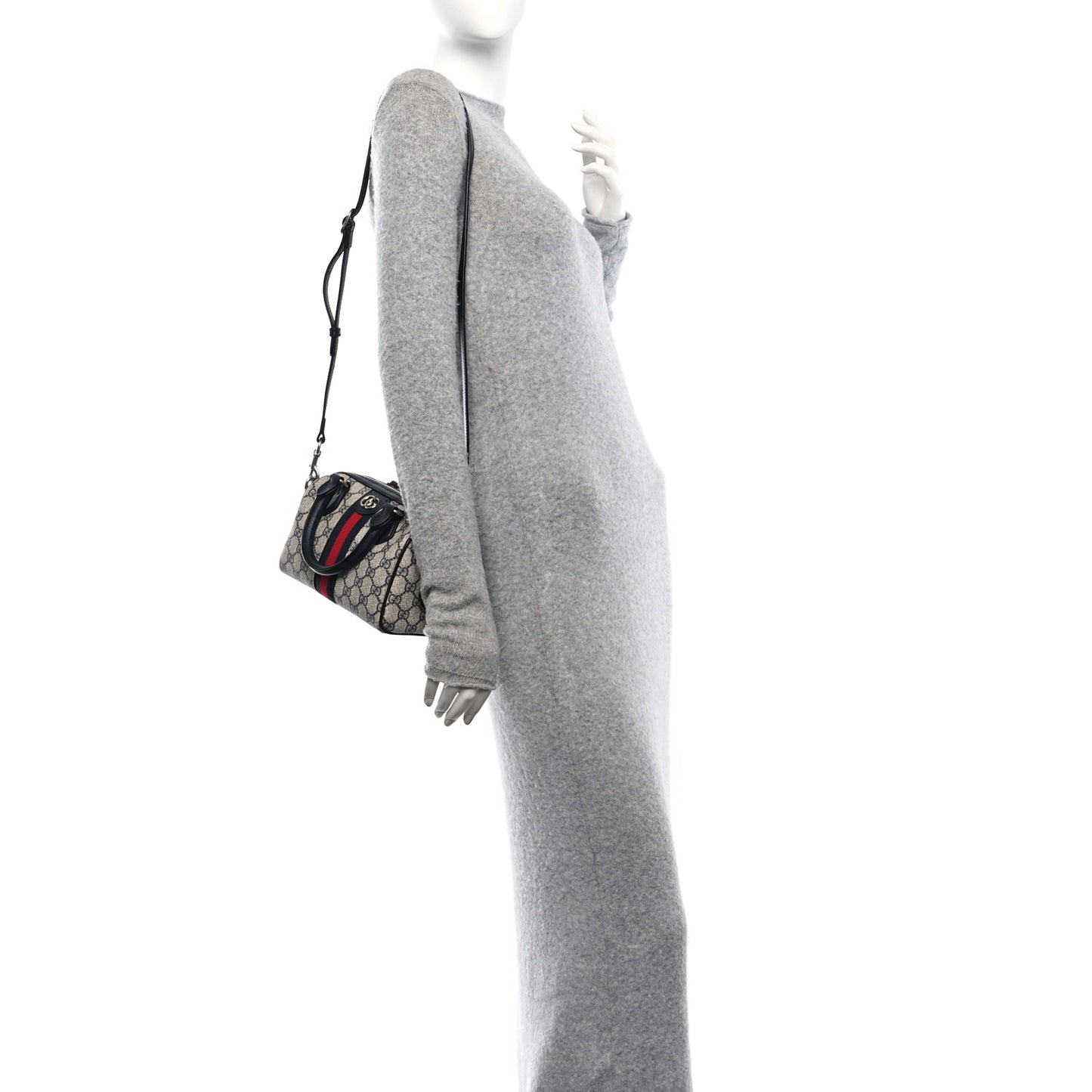 GG Supreme Monogram Textured Dollar Calfskin Web Mini Ophidia Top Handle Bag Beige Blue