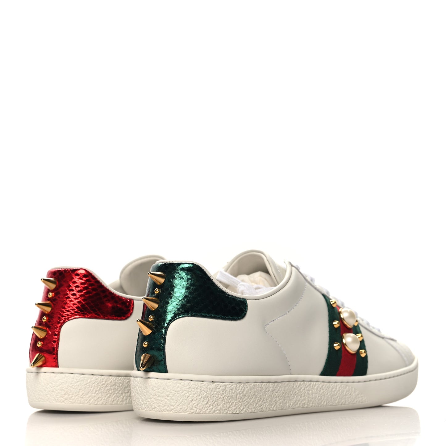 Calfskin Web Pearl Studded Womens Ace Sneakers 39.5 White
