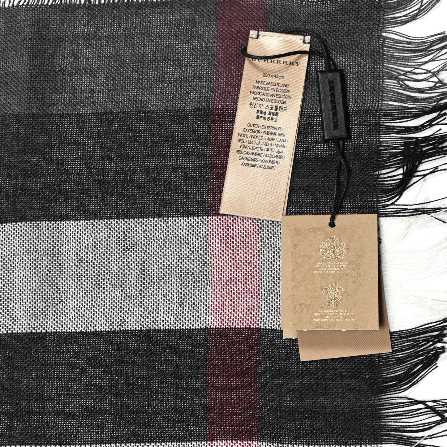 Wool Cashmere Tonal Lightweight Check Scarf Charcoal
